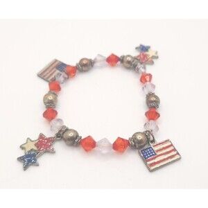 Patriotic American Flag Charm Bracelet Red White Blue Beaded Stretch Vintage USA